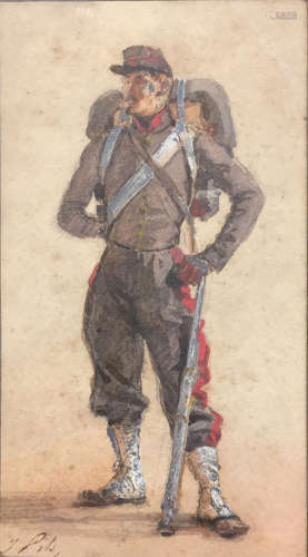 Isidore PILS (1813-1875) Soldat Aquarelle signée en bas à gauche 19,5 x 11 cm (à vue)