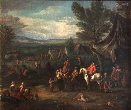 ECOLE HOLLANDAISE du XVIIIème siècle, suiveur de WOUWERMAN Campement militaire Huile sur toile marouflée sur panneau 28 x 33 cm (restaurations d'usage)