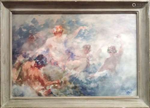 Gabriel GRIFFON (1866-1838) Figures dans les nuées, 1921 - Nymphe et satyre au bain Deux aquarelles Une signée et datée en bas à droite, une signée en bas à gauche 33 x 49 cm et 37 x 54 cm