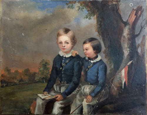 H. de CORNULIERS (XIXe) Portrait de Raoul et Paul de Cornuliers Huile sur toile titrée au dos 32 x 40 cm
