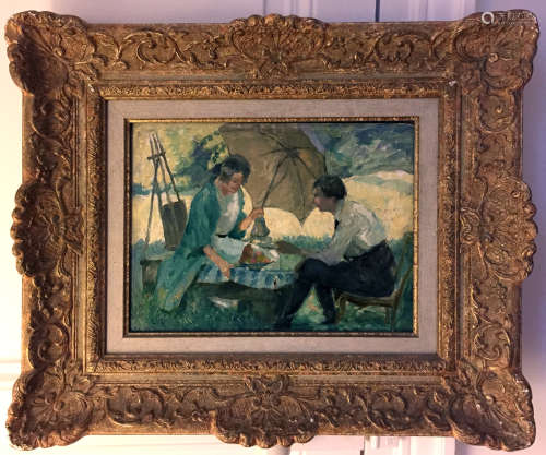 Léon Pierre FELIX (1869-1940) La pause de l'artiste en plein air. Huile sur panneau. Monogrammé en bas à gauche. Cachet d'atlier au revers. 27 x 35 cm.