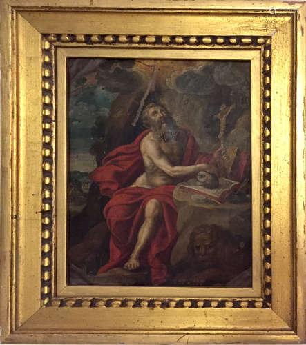 ECOLE ITALIENNE du XVIIème siècle Saint Jérôme  Huile sur cuivre Au dos marque de pannelier CB 22 x 17 cm (manques sur la surface)