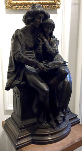 Hippolyte Marius GALY (1847-1929) Couple enlacé à la lecture Bronze à patine brune signé sur la terrasse 65 x 42 x 26 cm