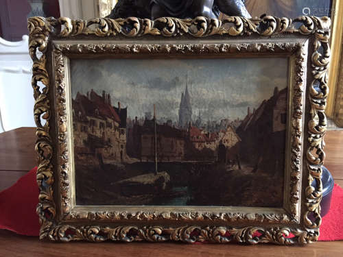 ECOLE HOLLANDAISE XIXème siècle Scène de ville Huile sur toile 24 x 32 cm