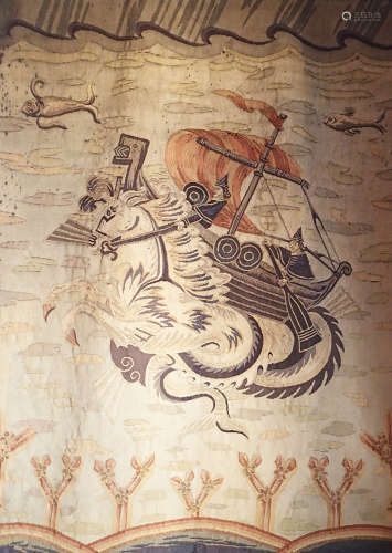 AUBUSSON Tapisserie en laine polychrome représentant une embarcation sur un cheval marin. XIXème siècle 190 x 138 cm