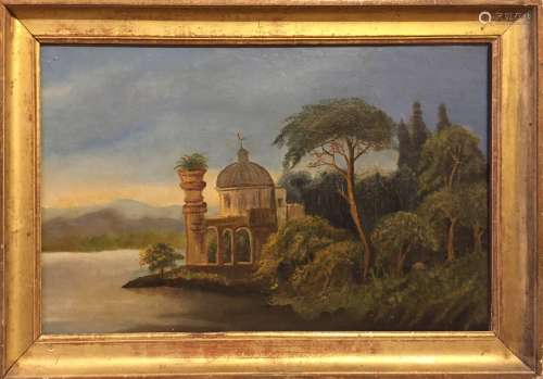 ECOLE FRANCAISE XIXème siècle Temple au bord d'un lac Huile sur toile 42 x 69 cm