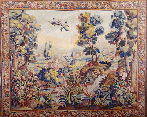 AUBUSSON Verdure animée aux oiseaux dans un paysage. Tapisserie en laine polychrome XVIIIème siècle 220 x 260 cm (restaurations et usures)