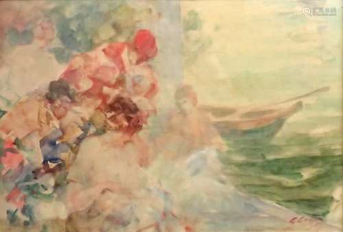 Gabriel GRIFFON (1866-1838) Réunion au bord de l'eau Aquarelle Signée en bas à droite 28 x 41 cm