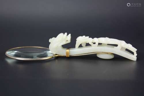 Chinese Hetian white jade carved dragon belt bukle handle with magnifying glass