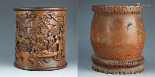 TWO Chinese carved Bamboo brush pot, Carved bamboo container