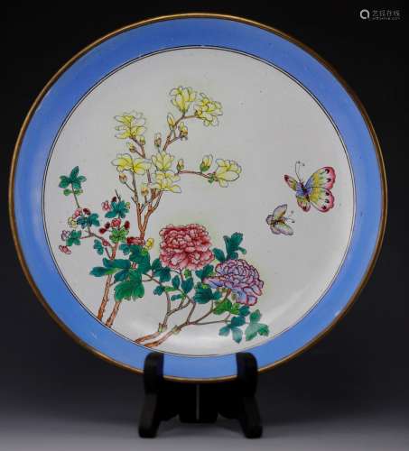 A Chinese Enaml plate depicting floral and butterflies