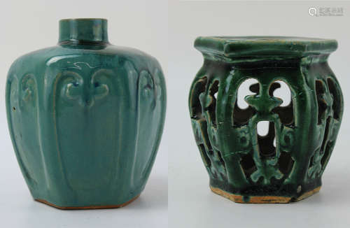 TWO piece Chinese green glazed pot and stool by Qing Shi Wan kiln (Clear Stone Bay Kiln)