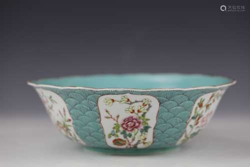 Chinese famille rose medallion floral porcelain bowl, Jiaqing mark