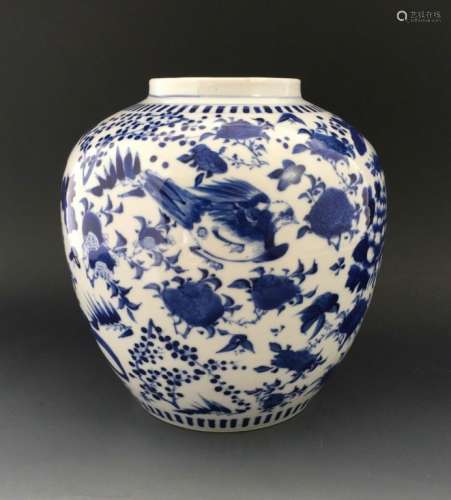 BLUE AND WHITE FLOWER AND BIRD JAR