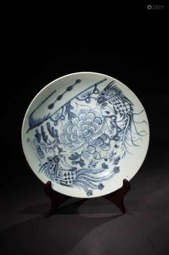 BLUE AND WHITE PHOENIX ACROSS PEONY PLATE