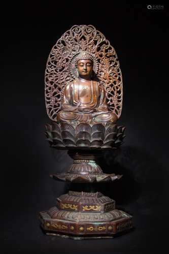 COPPER AND GOLD INLAID SAKYAMUNI FIGURE