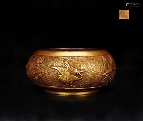 BRONZE GILDING CRANE PLAY WATER CENSER