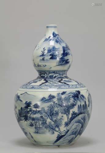 Chinese Blue/White Gourd Shape Vase w/ Landscape