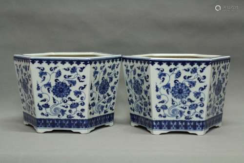 Pair of Chinese Blue/White Porcelain Planters