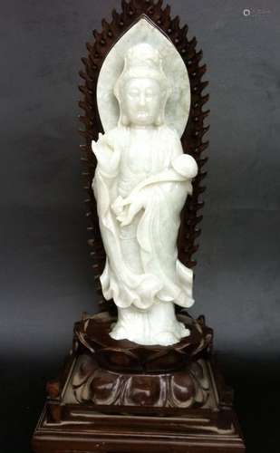 Chinese Carved Jadeite Guanyin w/ Stand