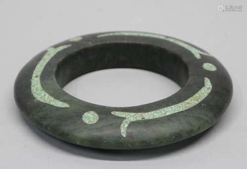 Chinese West Zhou Spinach Jade Ring w/ Turquoise