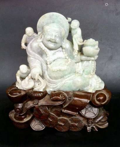 Chinese Carved Jadeite Buddha w/ Stand