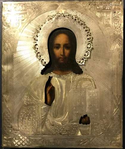 Hand painted Russian 84 silver icon of Christ.