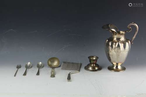7 pieces Sterling silver mixed lot, pitcher, candle holder, ladel, fork, 2 poons and one meat tender