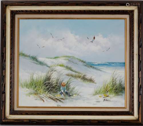 Framed oil painting of a boy by the beach
