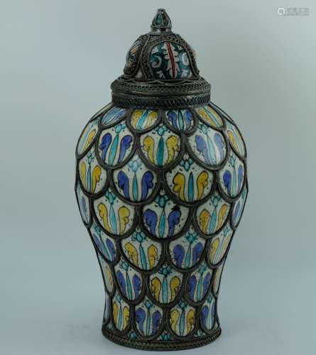 Moroccan ceramic vase with metal overlay from the 19th century