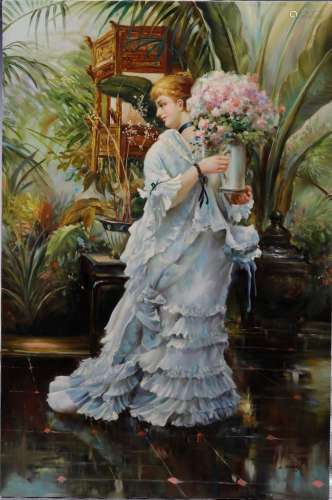 L. Harry signed oil on canvas of woman holding flowers