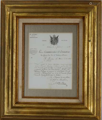 Framed vintage French document mentioning Napoleon