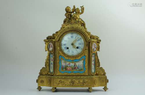 19th century French gilt Sevres pattern mantel clock with ornate enamel dial