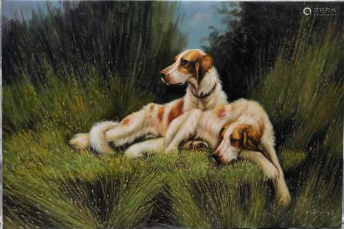 Ron F. signed oil on canvas of two dogs