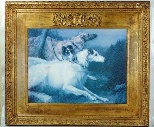 Maud Earl (1864 - 1943) signed and framed vintage oil painting of 3 canines On the Leash