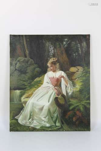 Oil on canvas of a lady in white dress sitting at creek side