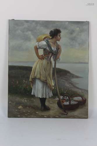 Oil on canvas of a woman with Cranes