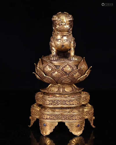 BRONZE GLITED INCENSER-HOLDER WITH LION AND LOTUS