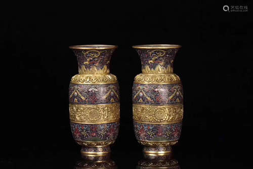 PAIR OF BRONZE GLITED AND ENAMEL VASE