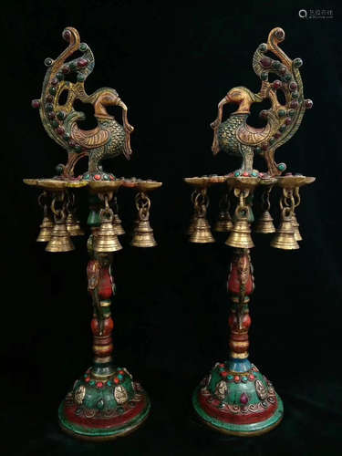 PAIR OF TIBET BRONZE JEWELRY EMBEDED CANDLE HOLDER