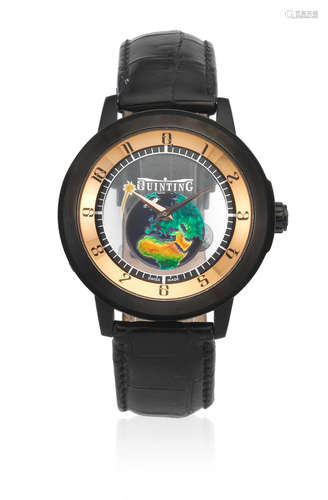 The Moonlight Piece Unique, Circa 2011  Quinting. A rare and unusual black DLC coated 'Mystery' wristwatch with enamel world and moon phase