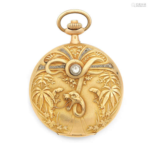 Circa 1900  Zenith. An 18K gold and stone set keyless wind full hunter pocket watch with snake relief