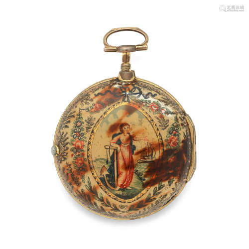 Circa 1800  Thomas Delasalle, London. A gilt metal and under-painted horn pair case pocket watch with observatory dial