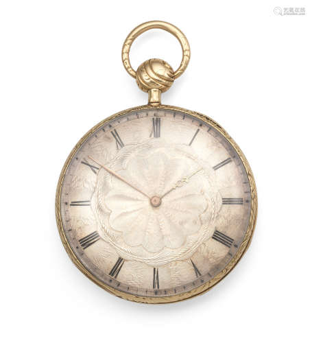 Circa 1830  A continental gold key wind open face quarter repeating pocket watch