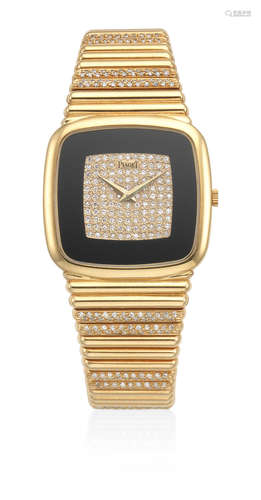 Ref: 9772 C 151, Circa 1980  Piaget. An 18K gold and diamond set manual wind bracelet watch with onyx and diamond set dial