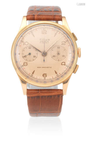 Circa 1950  Titus. An 18K gold manual wind chronograph wristwatch