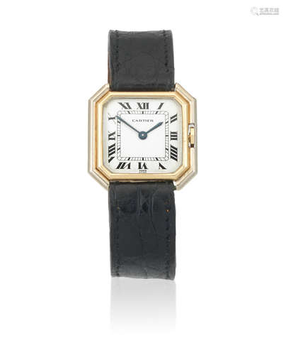 Circa 1990  Cartier. A two colour 18K gold manual wind mid-size octagonal wristwatch