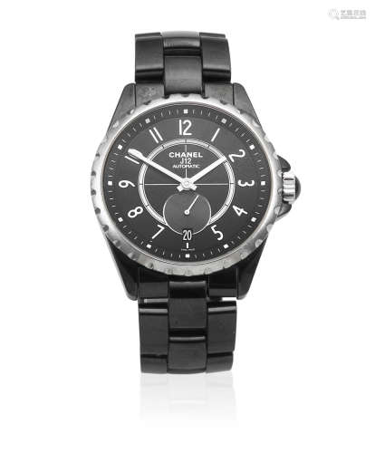 J12, Circa 2005  Chanel. A black ceramic and stainless steel automatic calendar bracelet watch