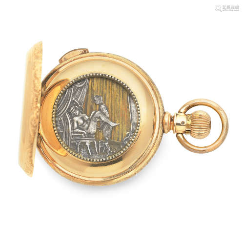 Circa 1890  A 14K gold keyless wind quarter repeating full hunter pocket watch with erotic automaton