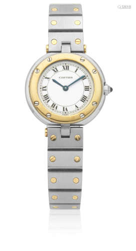 Santos, Circa 1990  Cartier. A lady's stainless steel and gold quartz bracelet watch